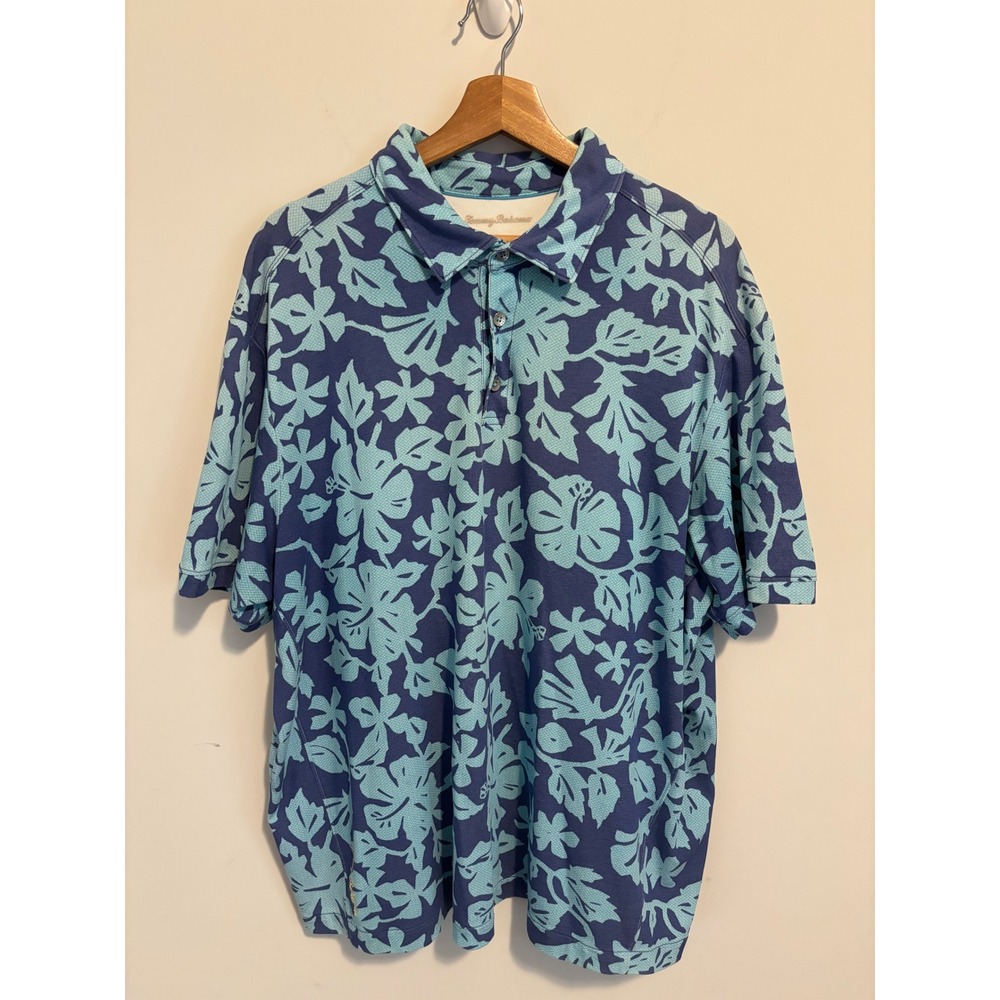 Tommy Bahama Mens XXL Blue Floral Hibiscus Short Sleeve Performance Polo Shirt